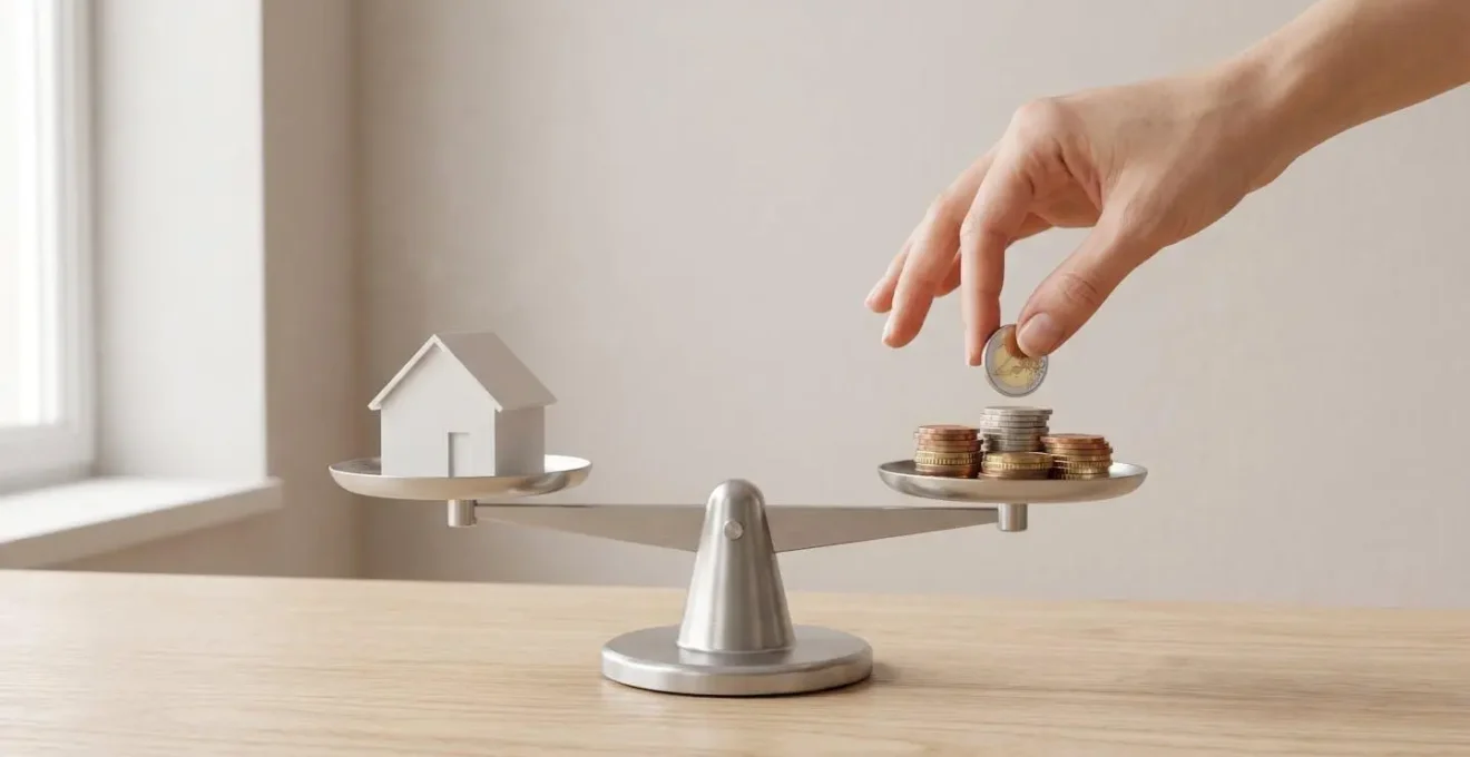 Une balance à fléau en équilibre avec une maquette de maison blanche d'un côté et des pièces d'euro de l'autre, une main positionnant la dernière pièce.