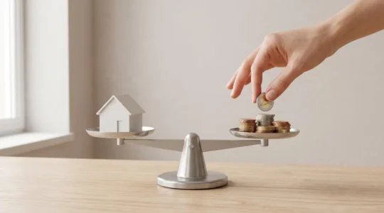 Une balance à fléau en équilibre avec une maquette de maison blanche d'un côté et des pièces d'euro de l'autre, une main positionnant la dernière pièce.