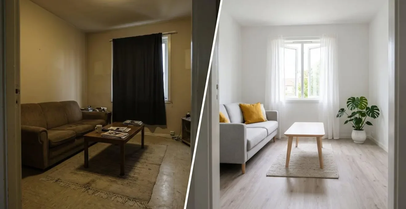 Comparaison avant/après d'un salon : à gauche, un espace négligé et sombre 