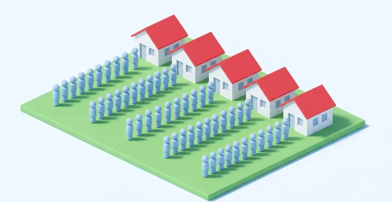 Illustration 3D isométrique montrant une longue file de personnages stylisés attendant devant un petit nombre de maisons, symbolisant une forte demande immobilière.
